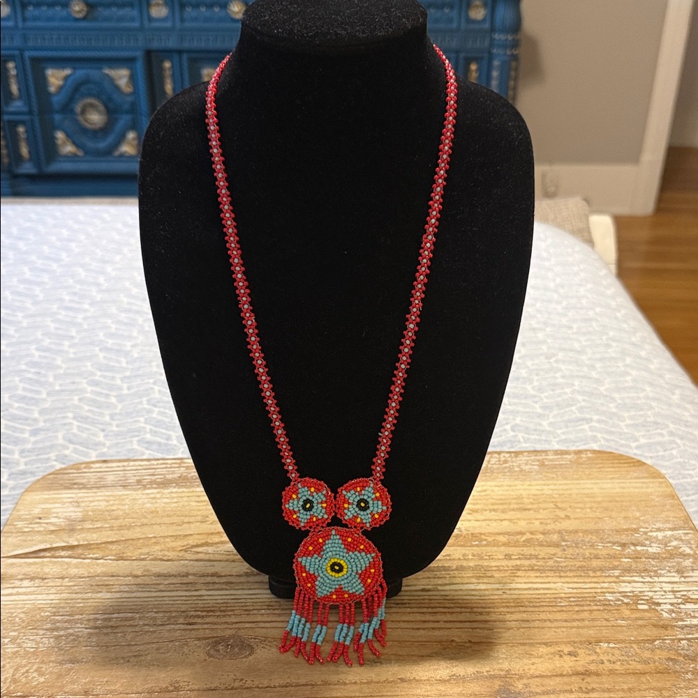 Vintage Native American Style Red Blue Seed Beaded Tassel Pendant Necklace